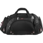 A black duffel bag with multiple zippered compartments and a shoulder strap.