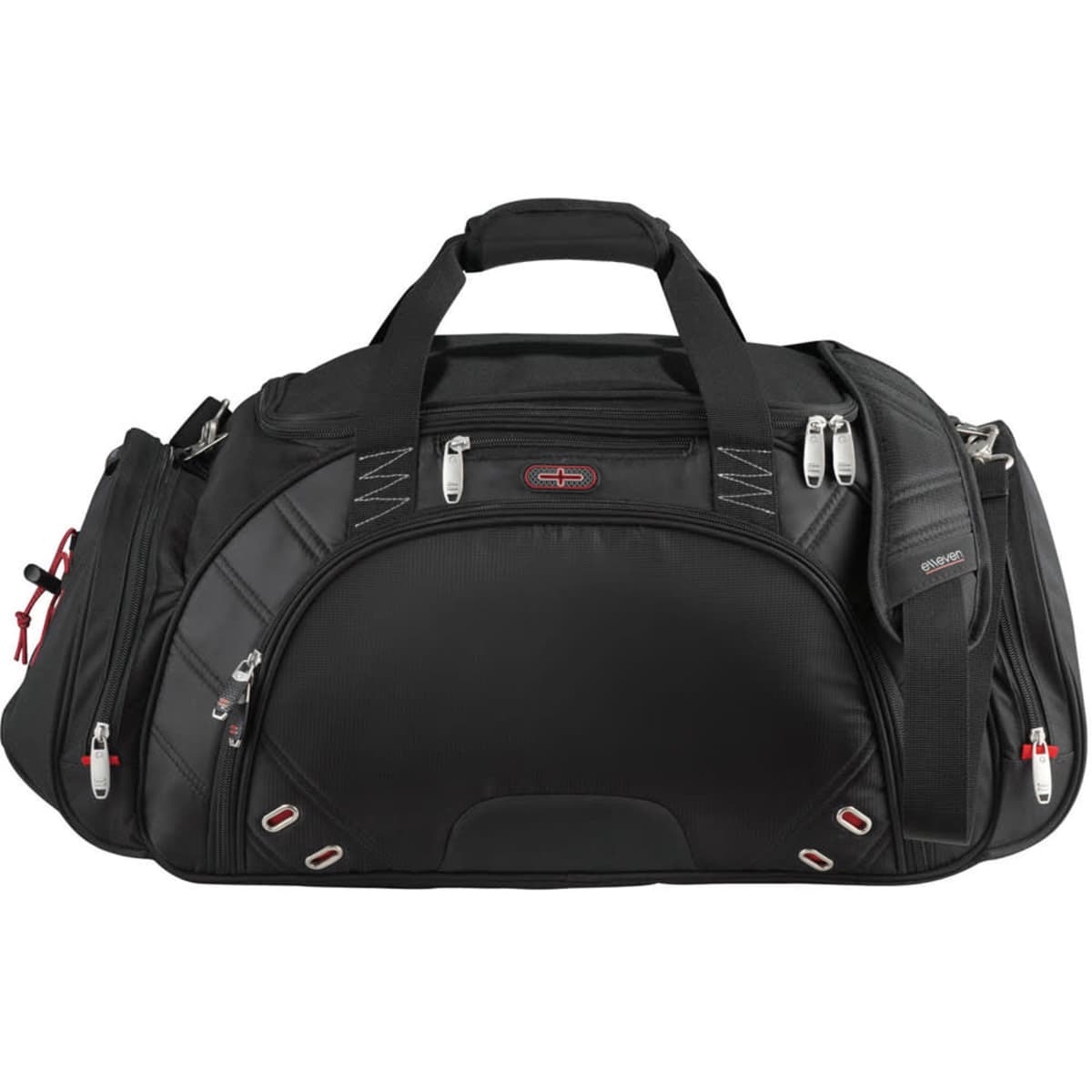 A black duffel bag with multiple zippered compartments and a shoulder strap.