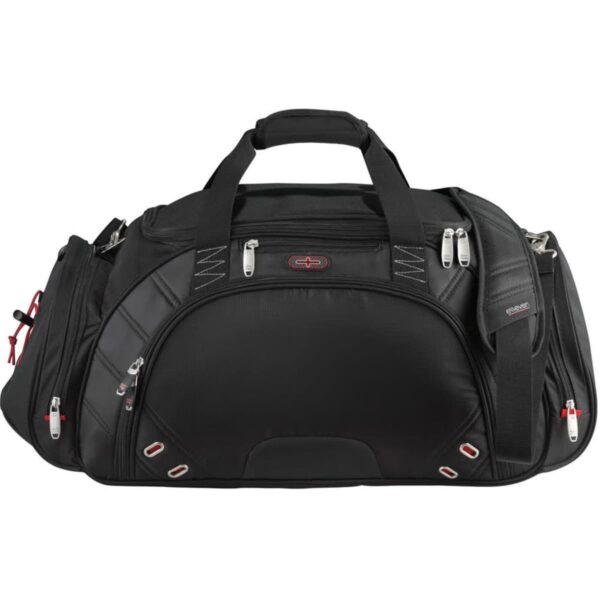 Black duffle bag with multiple zippered pockets and an adjustable shoulder strap.