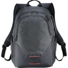 Black backpack with multiple zippered compartments, mesh straps, and red accent details.