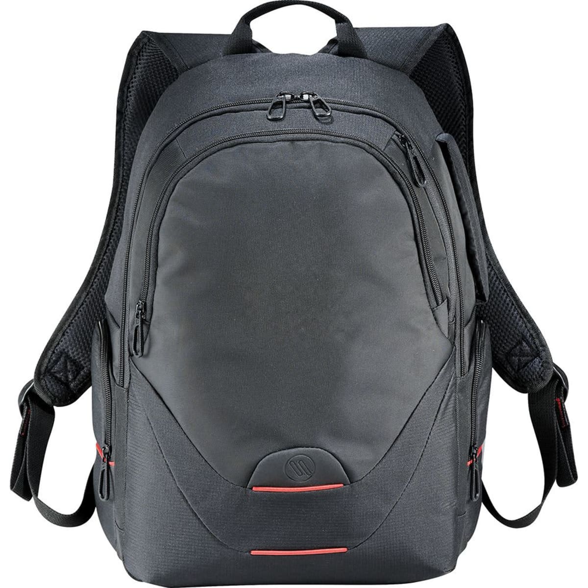 Black backpack with multiple zippered compartments, mesh straps, and red accent details.