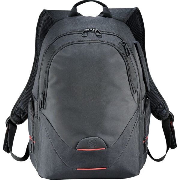Black backpack with multiple zippered compartments and padded shoulder straps.