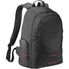 Black backpack with multiple zippered compartments and padded shoulder straps.