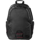 Black backpack with front and side pockets, zipper closures, and a carrying handle on top.