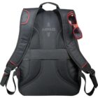 Black backpack with red-trimmed shoulder straps and red sunglasses hooked on the right strap.