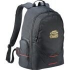 Black backpack with Stealth audio cables logo embroidered in yellow on the front pocket.