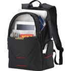 Black backpack open to show laptop, tablet, pens, snacks, and a passport inside compartments.