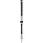 Silver and black ballpoint pen with a stylus tip, shown vertically on a white background.