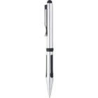 Silver and black ballpoint pen with a pocket clip and a stylus tip on top.