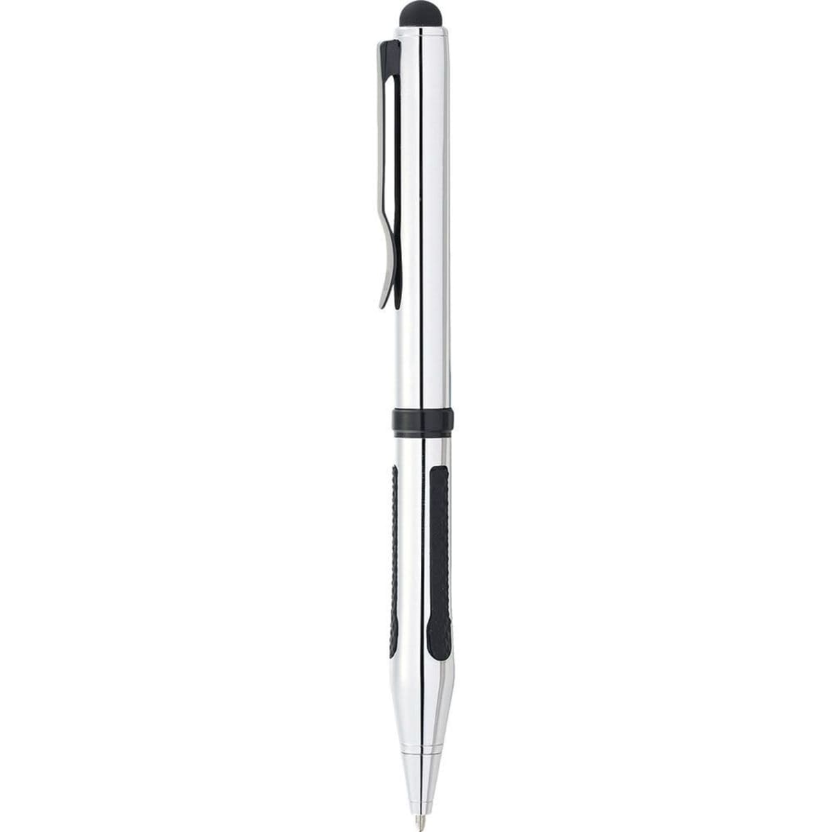 Silver and black ballpoint pen with a pocket clip and a stylus tip on top.