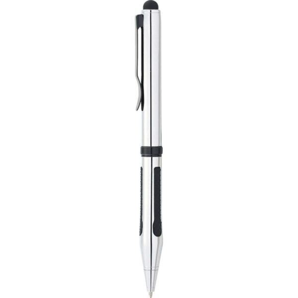 Silver pen with black grip and clip, shown vertically on a white background.