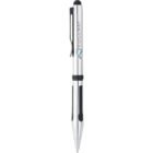 Silver pen with black grip, pocket clip, and BRIDGEWAY branding on the barrel.