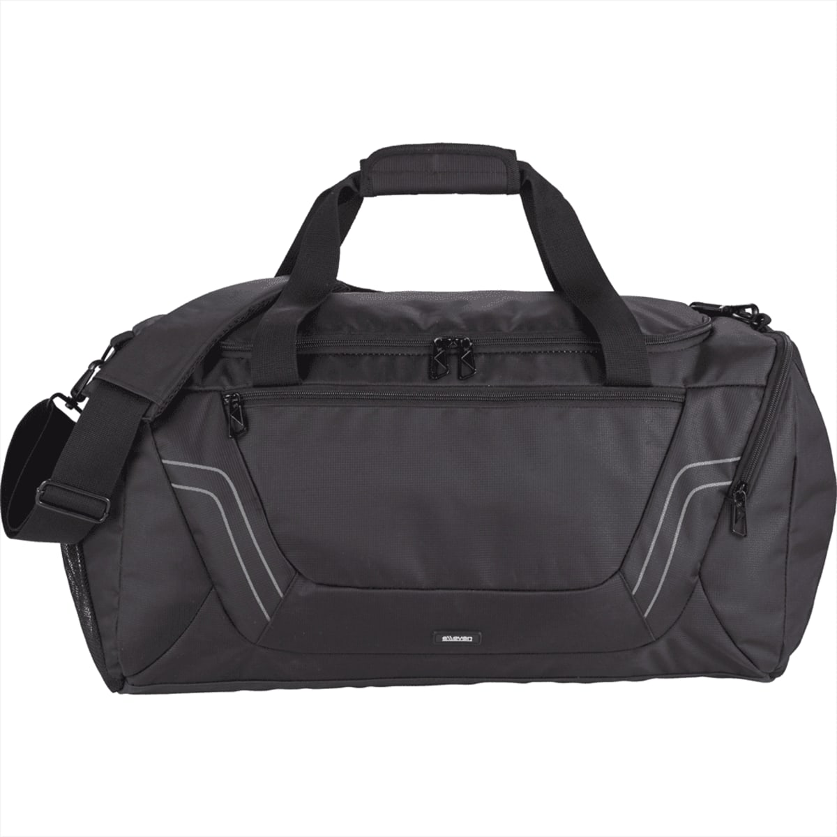 Black duffel bag with shoulder strap and zippered pockets, displayed on a white background.