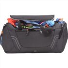 A black duffel bag with clothes and sports gear visible inside the open top.