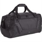 Black duffel bag with handles, shoulder strap, and multiple zippered compartments.