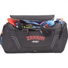 Black sports duffel bag labeled Xanadu Sport filled with various sports equipment.
