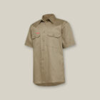 Khaki short-sleeve button-up shirt with Explorer Shield and two front chest pockets.