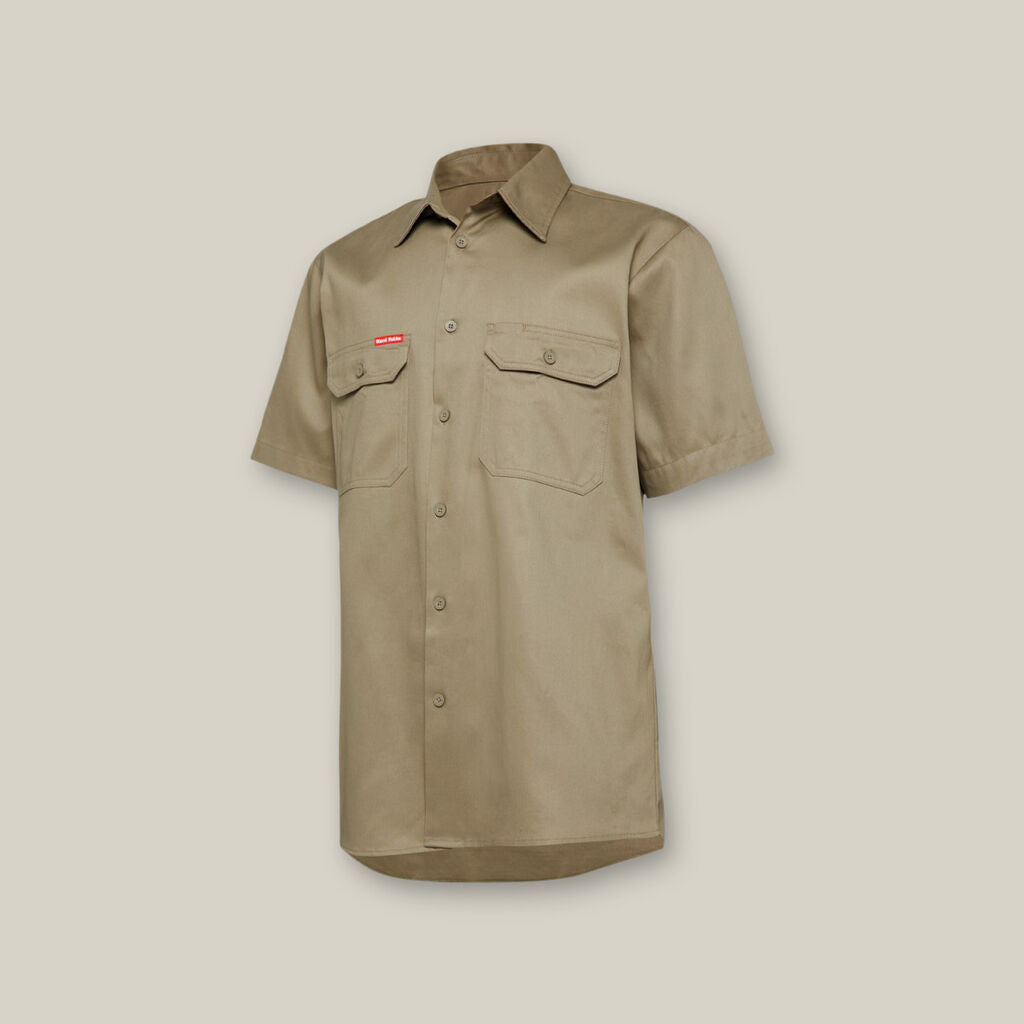 Khaki short-sleeve button-up shirt with Explorer Shield and two front chest pockets.
