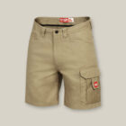 Khaki work shorts with button-zip fly, belt loops, side pockets, and a right-leg cargo pocket with a red label. These tough shorts are ideal for outdoor activities and share the durability of the Emz A5 Notebook.
