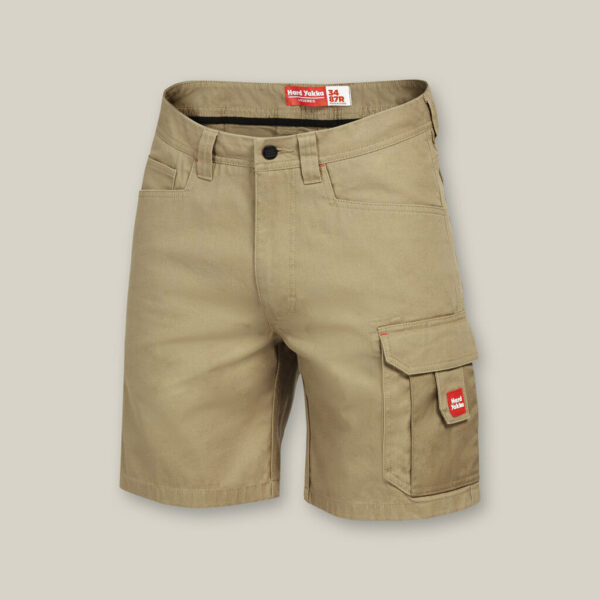 Khaki work shorts with button-zip fly, belt loops, side pockets, and a right-leg cargo pocket with a red label. These tough shorts are ideal for outdoor activities and share the durability of the Emz A5 Notebook.