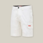 White cargo shorts on a light gray background, with multiple pockets ideal for essentials like the Emz A5 Notebook, featuring a small red and white label on one pocket.