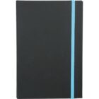 A closed black notebook with a blue elastic band wrapped vertically around it. The notebook cover has a simple and plain design.