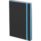 A black hardcover notebook with a blue elastic band wrapped vertically around it. The notebook has a plain design and is positioned upright, showing its spine and part of the front cover.