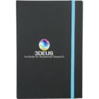A black notebook with a multicolored swirl logo and text that reads 3DEUS Institute for Biodermal Research on the cover. It is secured with a light blue elastic band.