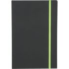 A black notebook with a lime green elastic band closure positioned vertically across the front cover.