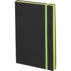 A closed black notebook with a lime green elastic band wrapped around it. The pages edges are also lime green, giving it a sleek and modern look. The notebook is standing upright.