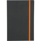 A black notebook with a vertical orange elastic band along the right edge, set against a white background.