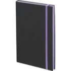 A black hardcover notebook with a purple elastic band is shown standing upright, slightly open. The pages are white with a purple tint along the edges. The notebooks design is simple and professional.
