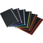 Seven black notebooks with colorful elastic bands and edges are fanned out. The colors are white, purple, blue, green, yellow, orange, and red.