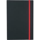 A closed black notebook with a red elastic band wrapped vertically around it. The cover is plain without any visible markings or designs.