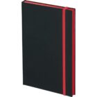 A black notebook with a red elastic band closure. The notebook has red page edges visible along the side and top.