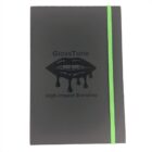 A black notebook with GlossTone High-Impact Branding on the cover. The cover features a glossy design of dripping lips. A bright green elastic band is attached along the right edge for closure.