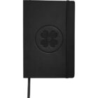 A black notebook with a floral design embossed on the cover. It has a black elastic band for closure and a ribbon bookmark.