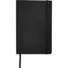 A black hardcover notebook with a vertical elastic band closure and a ribbon bookmark. The notebook is positioned vertically against a plain white background, showcasing its sleek and minimalist design.