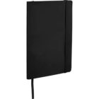 A black hardcover notebook with a vertical elastic band on the right edge. A ribbon bookmark extends from the bottom.