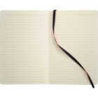 Open notebook with lined pages and a black ribbon bookmark draped across the right page. The notebook is open flat, displaying two adjacent pages on a plain background.