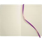 An open lined notebook with a cream-colored paper and a purple ribbon bookmark placed diagonally across the right page. The pages are blank and ready for writing.