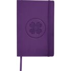 A purple notebook with an embossed floral design on the cover. It has an elastic closure and a ribbon bookmark attached.
