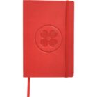 Red notebook with a floral embossed design on the cover. It features an elastic band for closure and a red ribbon bookmark.
