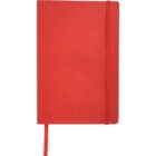 Red notebook with a soft cover, an elastic band closure, and a matching ribbon bookmark.
