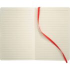 Open lined notebook with a red ribbon bookmark placed diagonally across the right page. The pages are blank, and the notebook is laid flat, showing both left and right pages.