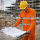 Worker in Royalguard Shieldmax Reflective Coveralls reviews blueprints at construction site.