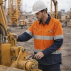 Worker in Divaguard Safety Shirts operates machinery at a construction site.