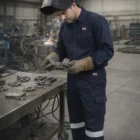 A worker wearing Armorflex Cargo Trousers inspects metal pieces in a workshop.