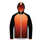 This Full Zip Rain Outerwear Jacket showcases a vibrant front geometric pattern in orange and red, contrasted by solid black sleeves and sides. The chest bears the white text PREM SUB, making it a striking piece.