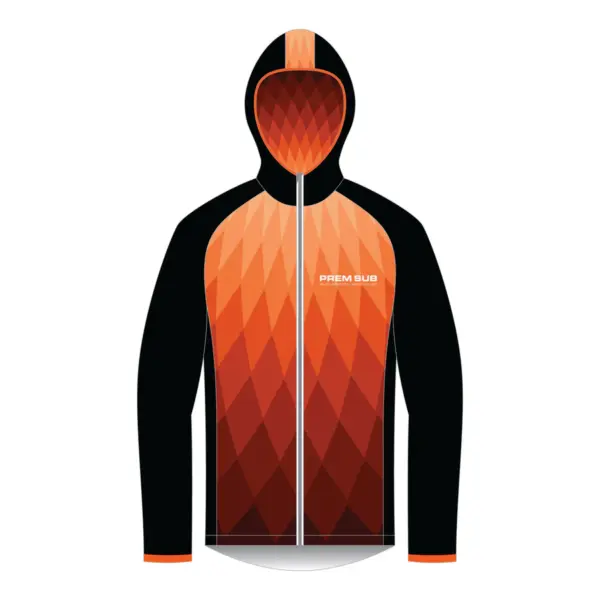 This Full Zip Rain Outerwear Jacket showcases a vibrant front geometric pattern in orange and red, contrasted by solid black sleeves and sides. The chest bears the white text PREM SUB, making it a striking piece.